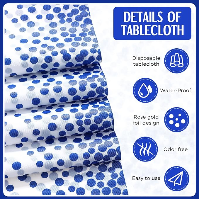 24 Pack Royal Blue Disposable Plastic Tablecloths and Satin Table Runner Set - Image 3