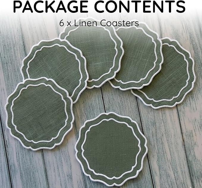Linen Coasters for Drinks, 4.5 inch, Sage | Absorbent Linen Drink Mats - Image 2