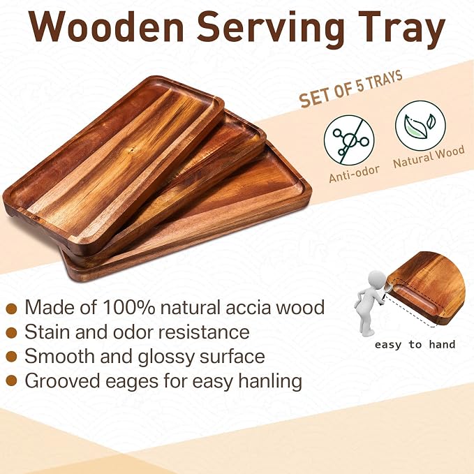 Roowest 5 Pack Solid Acacia Wood Serving Trays - Image 7