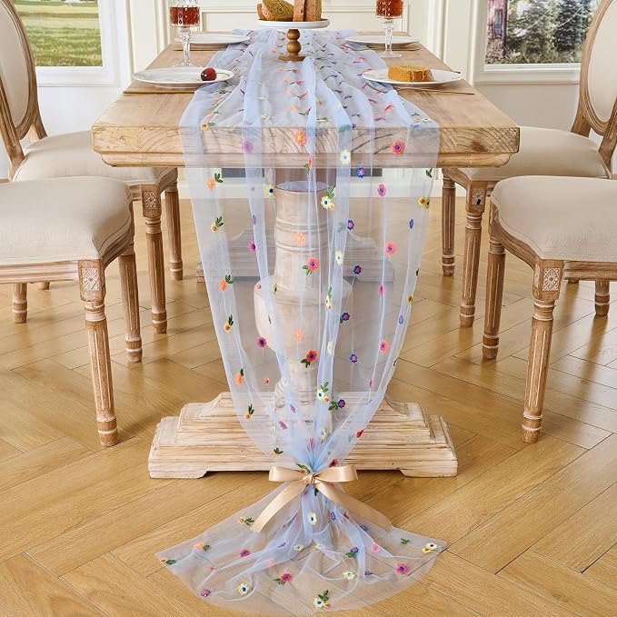 BINBE 6pcs Daisy Spring Table Runner Embroidery Gauze 10FT Florals Seasonal - Image 7
