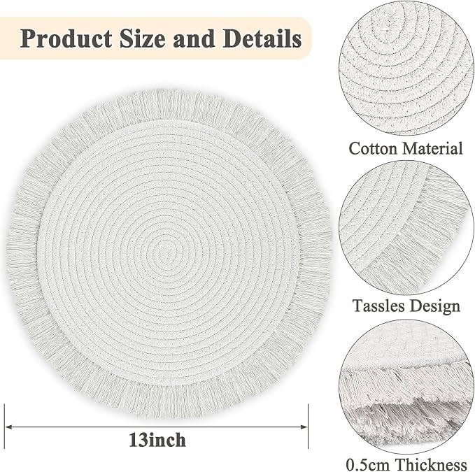 Round Placemats Set of 4 Table Mats 13Inch Washable Cotton Heat Resistant - Image 2