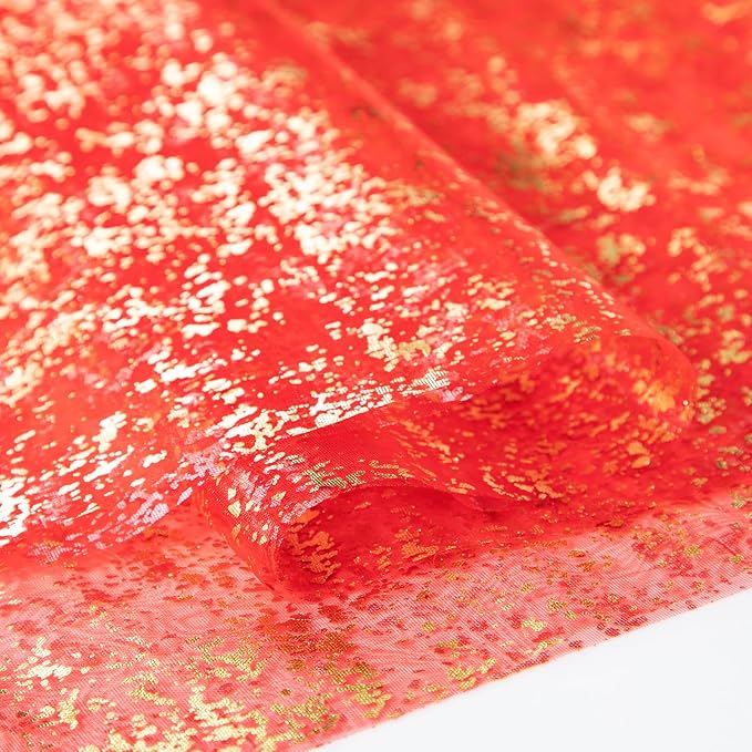 SiinvdaBZX Red Gold Sheer Tulle Table Runner 120 Inch/10 Ft Long | Gauze Sequin - Image 5