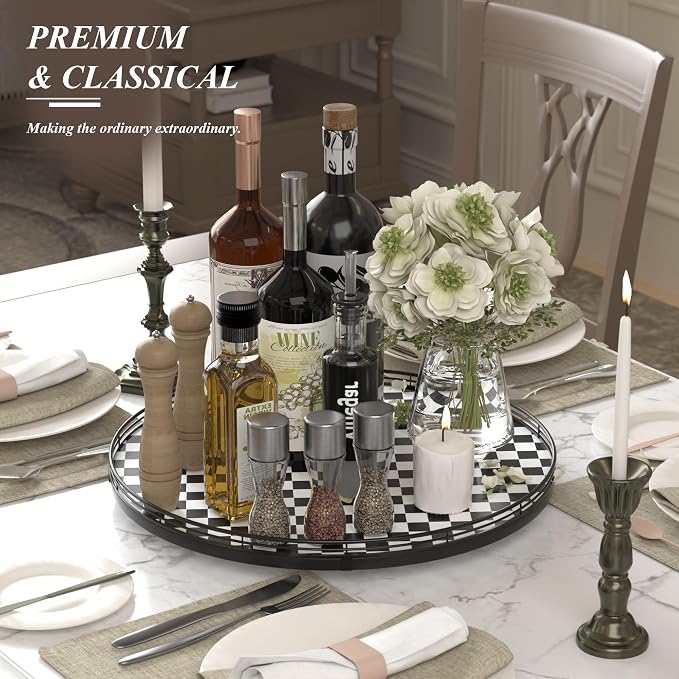AMH18-Inch Black and White Checkerboard Lazy Susan Decorative Tray | Smooth - Image 3