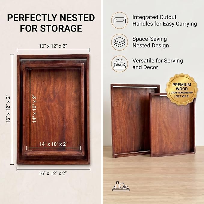 Wooden Serving Tray Set of 2 | Big Size 16x12 & 14x10 Inches | Premium Finish - Image 2