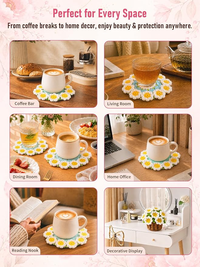 Crochet Flower Bouquet Coasters, Cotton Daisy Gift - Image 8