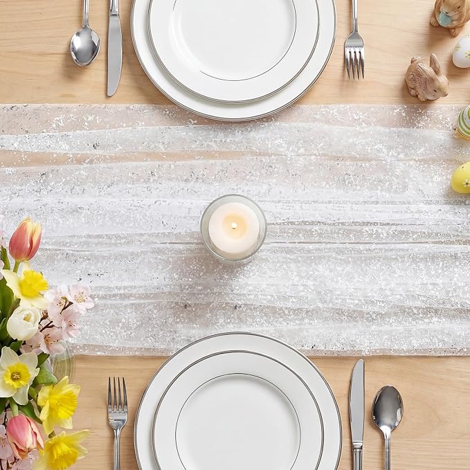 Artoid Mode White Silver Gauze Table Runner 59x120 Inch 10FT, Glitter Metallic - Image 5