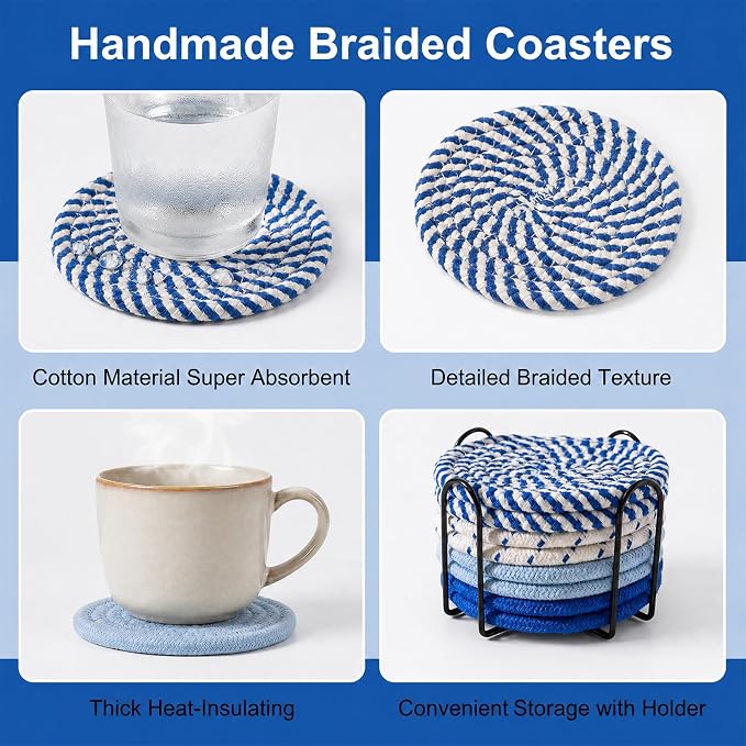 Drink Coasters Set of 8 with Holder, Cotton Woven - Image 5
