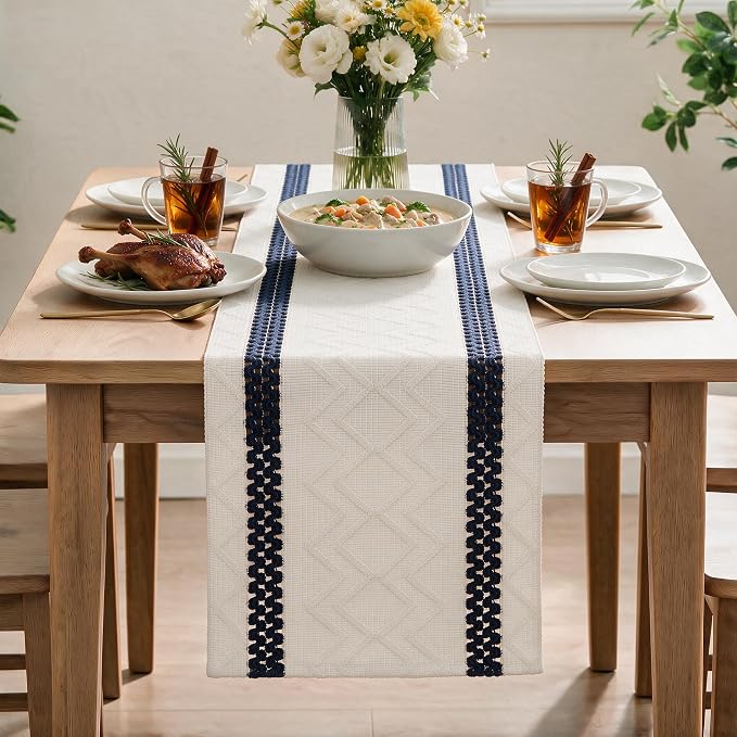 Artoid Mode Dark Blue Stripe Woven Rustic Table Runner 12x48 Inch | Holiday - Image 2