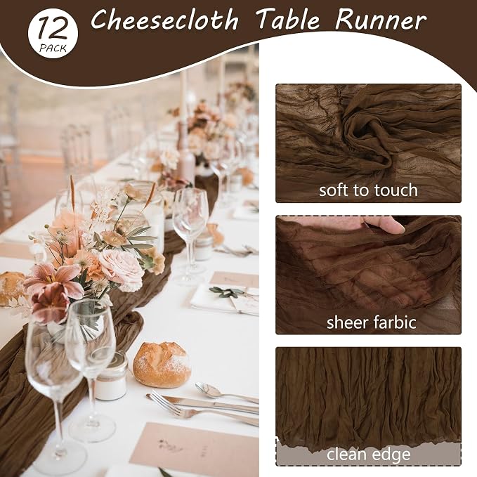 Fivenl 12 Pack Brown Boho Rustic Cheesecloth Table Runner 35x72 Inch Romantic - Image 4