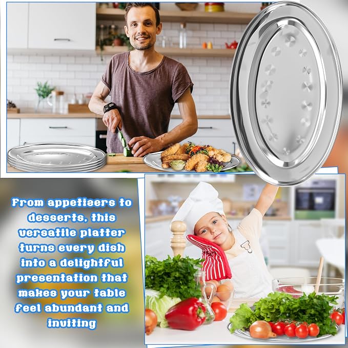 9 Pcs Stainless Steel Oval Platter Heavy Duty Metal Oval Serving Tray Set - Image 4