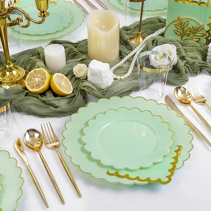 LIYH 210Pcs Gold Trim Sage Green Plastic Plates, Dinnerware Set - Image 6