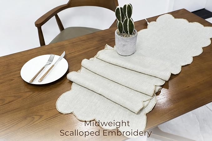 100% Natural Linen Rustic Scalloped Embroidery Table Runner 72 Inches Long - Image 3