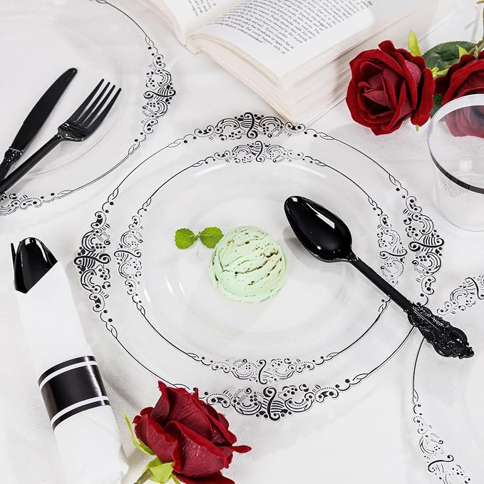 350 Pcs Clear Black Plates for Party | Black Party Plates Set for 50 Guests - Image 4