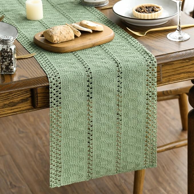 Artoid Mode Light Green Woven Farmhouse Hollow Table Runner 12x90 Inch | - Image 6