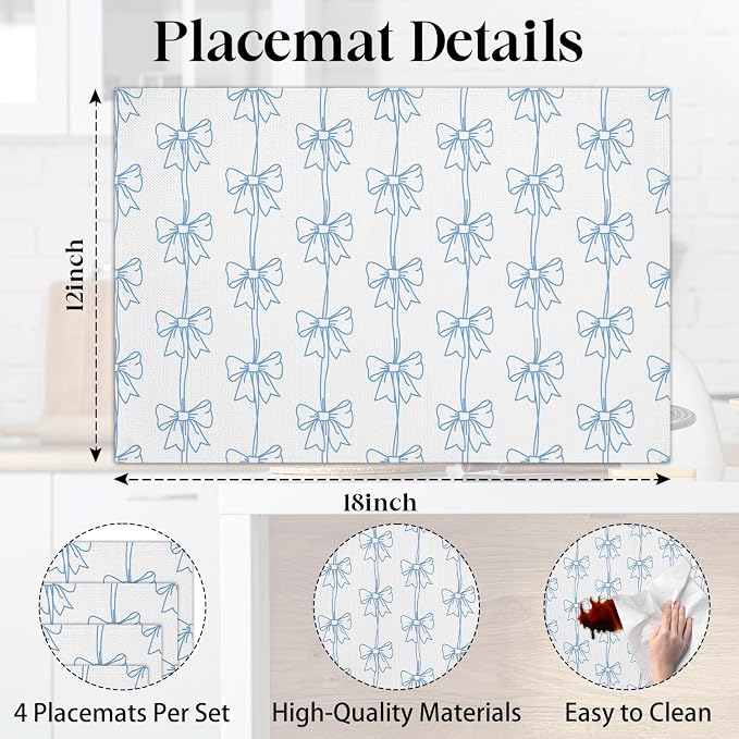 Blue Bow Placemats Set of 4, Washable Heat Resistant Placemats Kitchen Table - Image 2