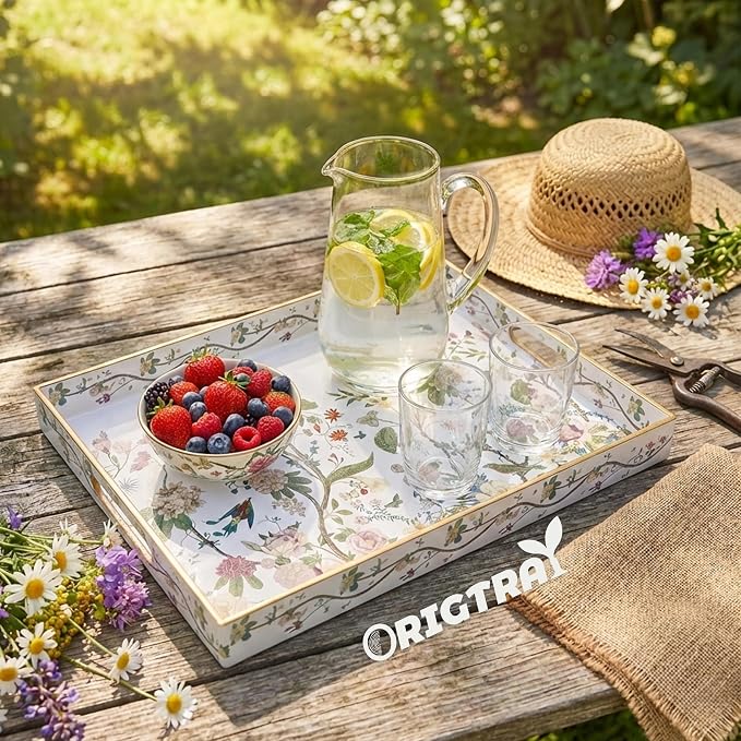 Serving Tray with Handles, Rectangular Plastic Tray 15.75x11.81 Inch, Floral - Image 3