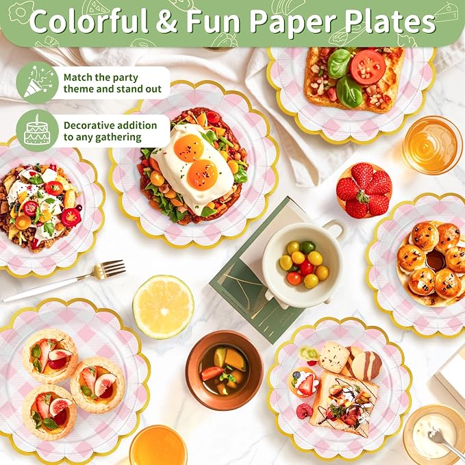 50 Pcs Pink Gingham Paper Plates Disposable, Dessert Cake Plates, - Image 5