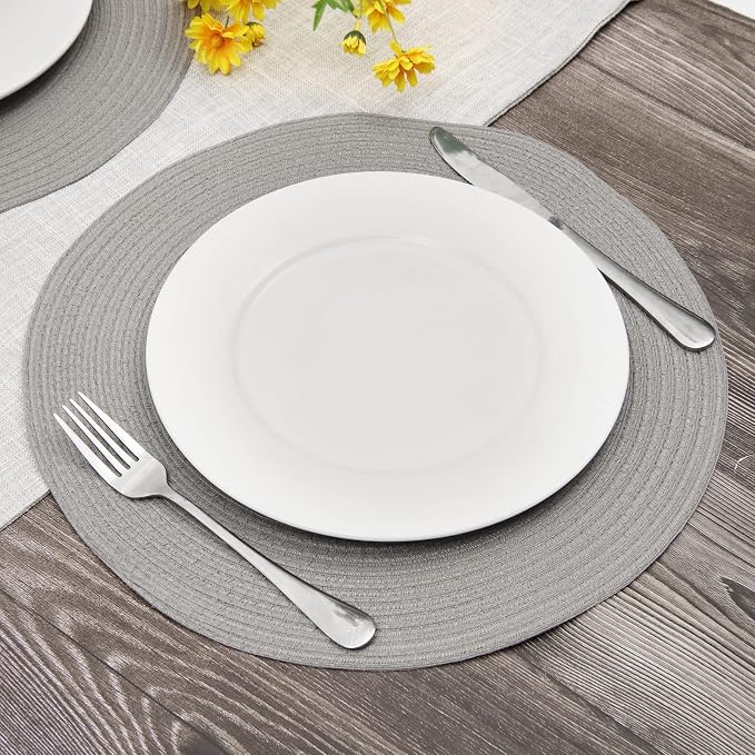 SHACOS Round Braided Placemats Set of 6 Thick Fabric Circle Grey Place Mats - Image 2