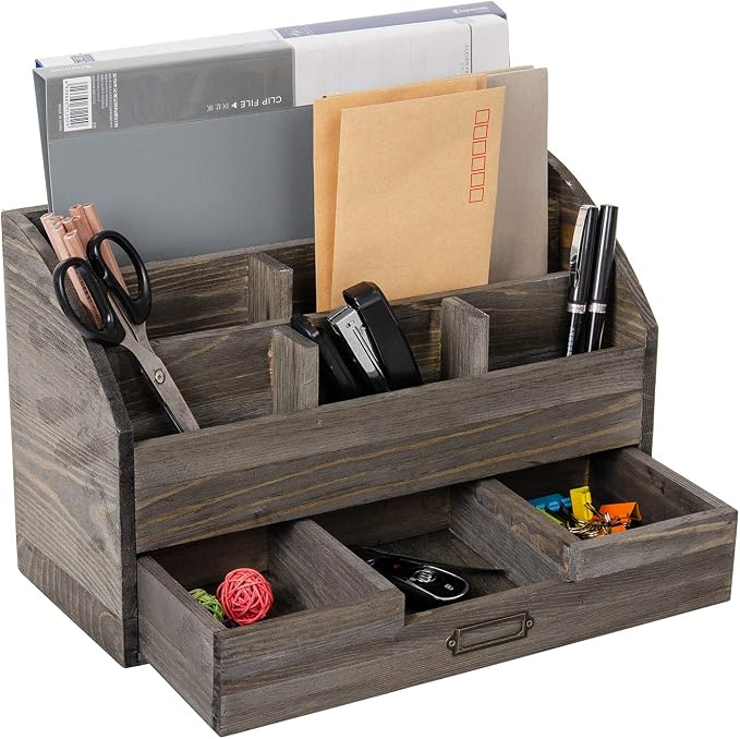 canwedance Distressed Rustic Wooden Office Desk Organizer 5 Compartment - Image 4