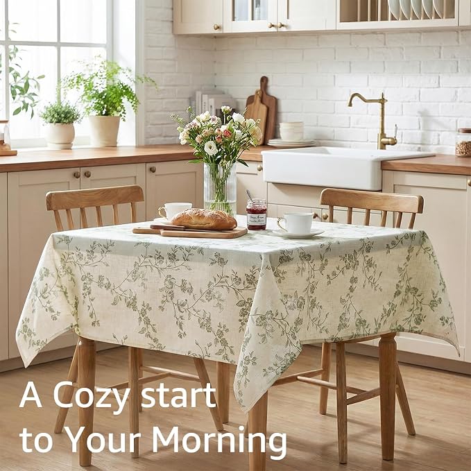 jinchan Green Farmhouse Floral Linen Square Table Cloth 52 x 52 Inch | - Image 2