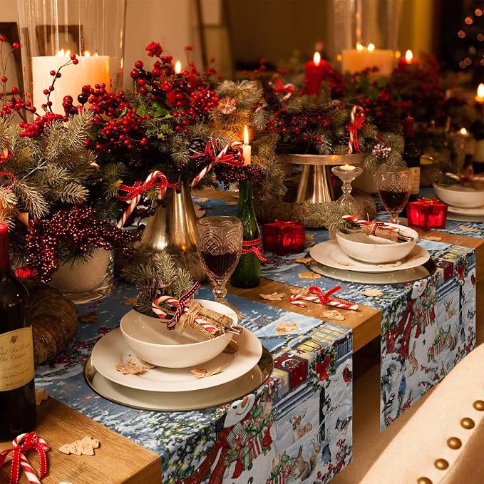 Merry Christmas Table Runner 72 Inches Long, Xmas Trees Snowman Snowflake Table - Image 6