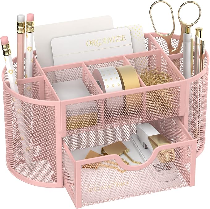 Mesh Desk Organizer with Drawer, 9-Compartment Pen Holder by SUPEASY