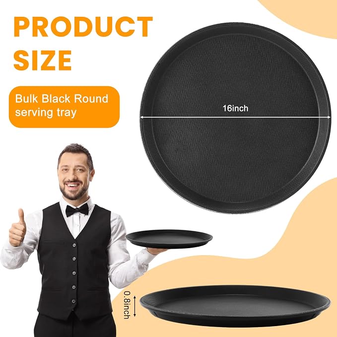 12 Pcs Black Restaurant Serving Trays Bulk Plastic Non Slip Surface Round Drink - Image 2