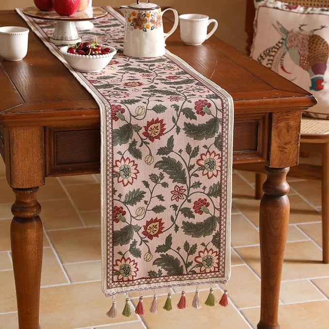 Designer Vintage Linen Table Runner, Floral Leave Pattern, Dining Table - Image 2