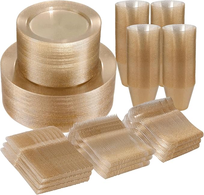 BESTVIP 600PCS Gold Glitter Dinnerware Set by Bestvip