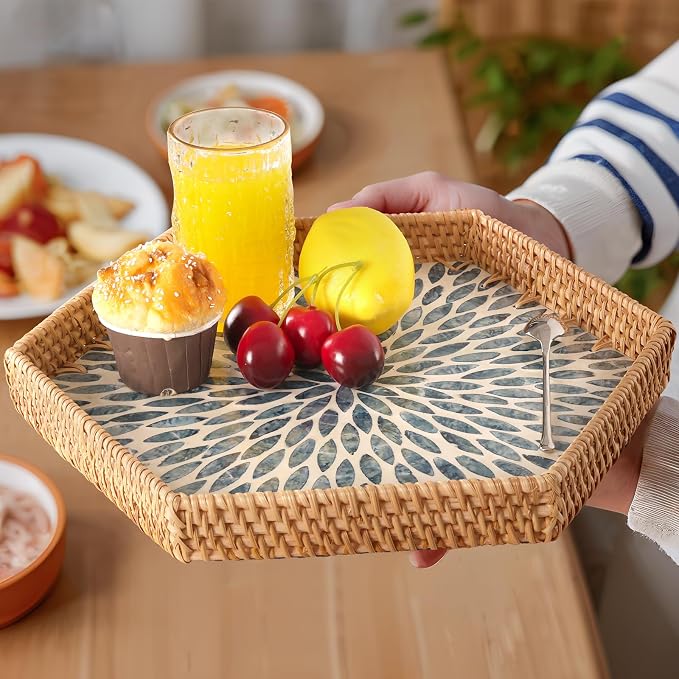 Hexagon Rattan Tray with Mother of Pearl Inlay, Rattan Serving Tray - Image 5