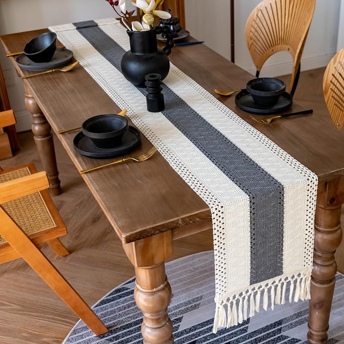 EMMTEEY Boho Table Runner with Tassels 108 Inches Long, Scratch & Heat Resistant - Image 3