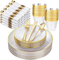 Morejoy 175PCS Pearl White and Gold Plastic Plates, Disposable Gold Plates | by Morejoy