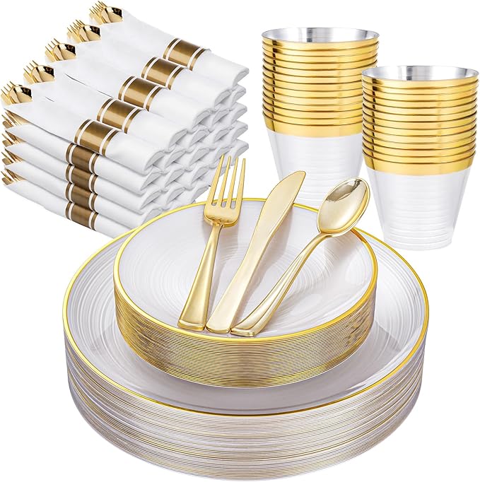 Morejoy 175PCS Pearl White and Gold Plastic Plates, Disposable Gold Plates | by Morejoy