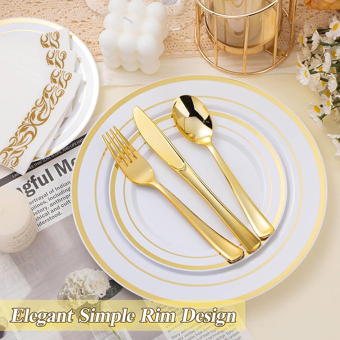 BESTSTAR 200PCS Gold Plastic Plates White and Gold Disposable Plates | 100 - Image 5