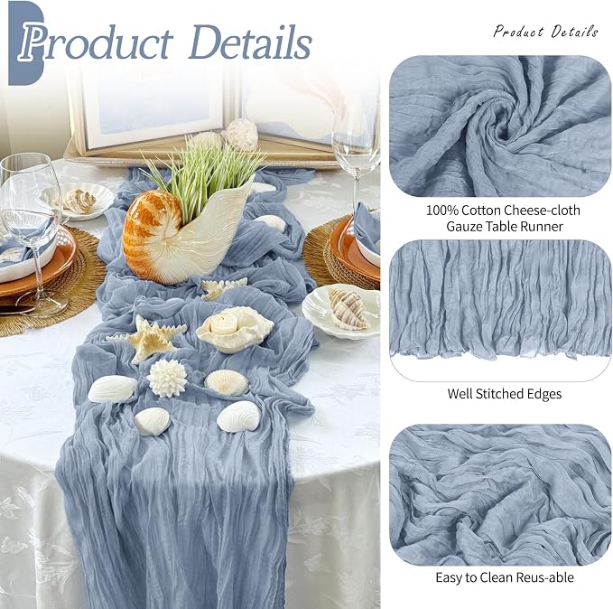 3 Pack Dusty Blue Cheesecloth Table Runner 17x108 Inch Semi Sheer Boho Gauze - Image 3