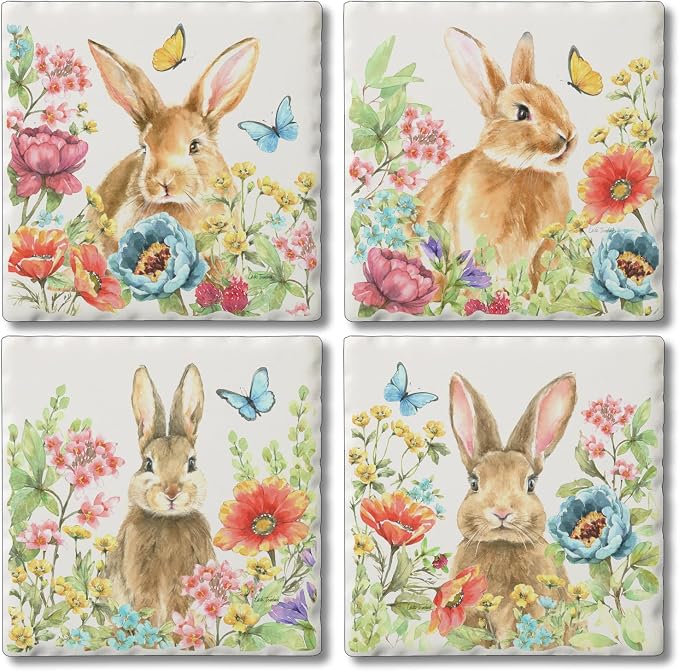 Thirstystone Garden Bunnies 4 Pack Assorted Tumbled Tile Stone Coasters | 4" by CounterArt