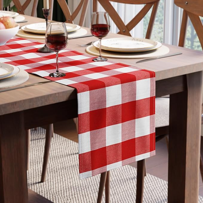 Encasa XO Table Runner, Woven Cotton Dining Runner 13"x48" | Buffalo Red Checks by EncasaXO
