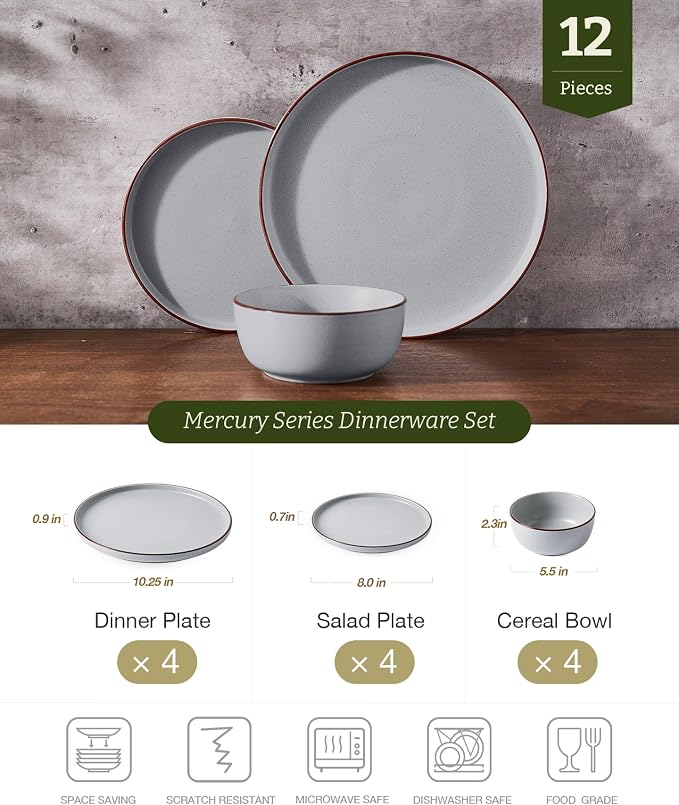 Famiware Mercury 12-Piece Stoneware Dinnerware Set, Light Grey | Plates and - Image 2