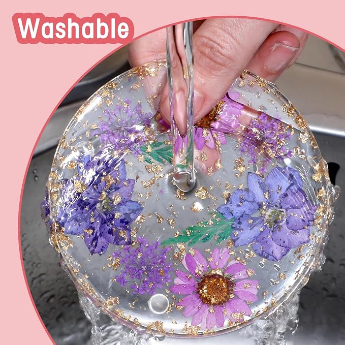 Amabro Dried Flower Drink Coasters, Floral Resin Drink Cup Mat Set of 2 - Image 6