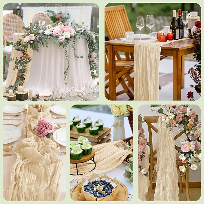 Cheesecloth Table Runner 10FT 12Pcs Sand Boho Gauze Rustic Sheer Runners | - Image 7
