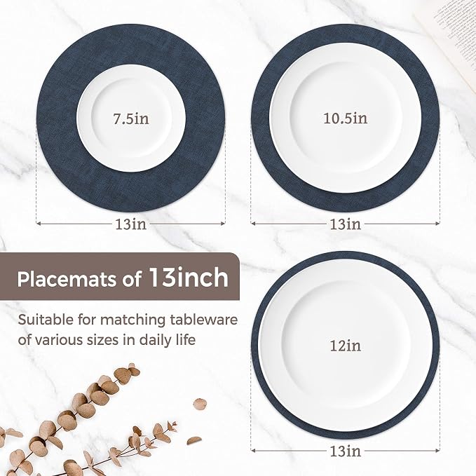 13" Round Placemats Set of 8, Reversible Faux Leather Heat Resistant Table Mats - Image 2