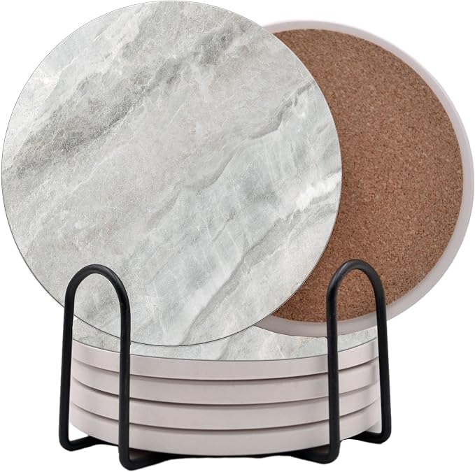 White Gray Marble Round Coasters Set of 6 by Unknown