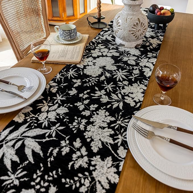 Botanical Floral Dining Black Boho Table Runner 13 x 71 Inch | Jacquard Flower - Image 3