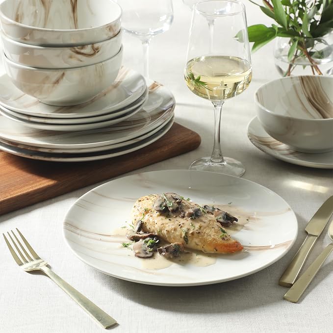 Gibson Home Cloudlight 12 Piece Plates and Bowls Dishes Brown and White - Image 5