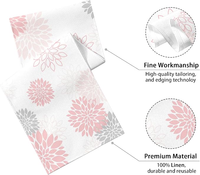 Dahlia Flower Table Runner 13x90 Inch Farmhouse Pink Gray Runners Modern Table - Image 2