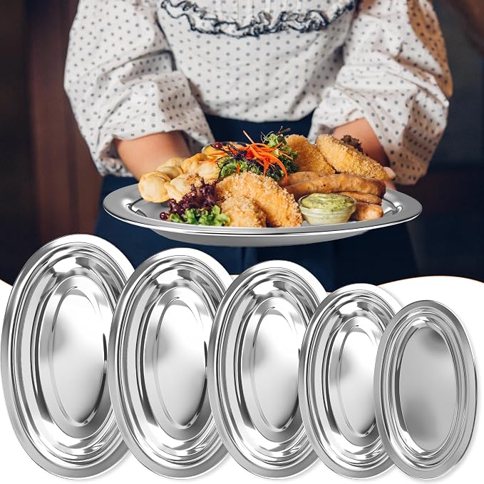 5 Pcs Stainless Steel Oval Platter Set Silver Oval Serving Food Tray Heavy Duty - Image 5