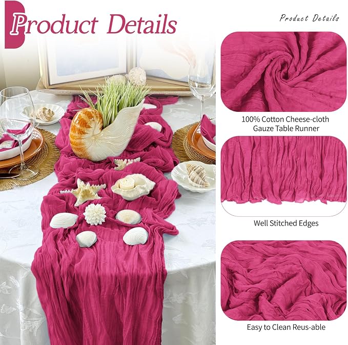 6 Pack Hot Pink Cheesecloth Table Runner 17x108 Inch Semi Sheer Boho Gauze - Image 3