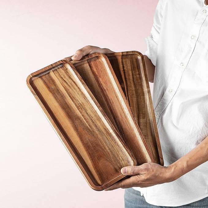 Set of 3 Solid Acacia Wood Serving Trays Rectangular Wooden Serving Platters - Image 6