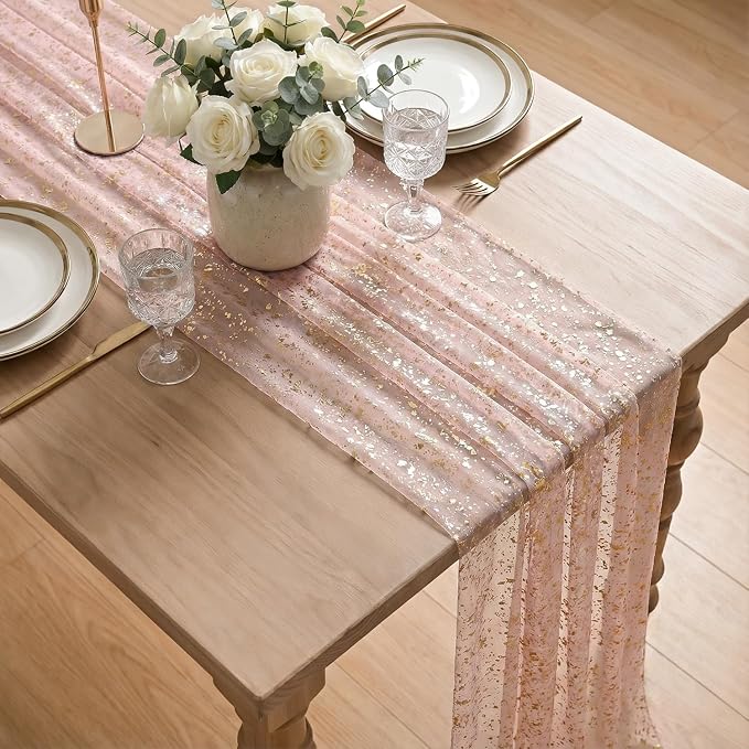 Artoid Mode 10Pcs Pink Gauze Gold Table Runner 10FT, Glitter Metallic Foil - Image 4