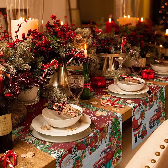 Merry Christmas Table Runner 70 Inches Long, Santa Xmas Tree Snowflake Table - Image 6